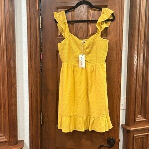 NWT Boutique New In Mustard Yellow Ruffle Smocked Dress Large 100% cotton